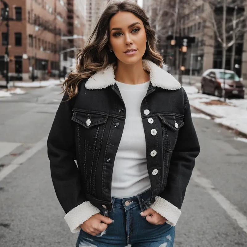Black Denim Jacket with Shearling Lining - A black denim jacket with a white faux shearling lining, buttoned front, two chest flap pockets with button closures, and long sleeves with button cuffs. - AI image generated with Photorealistic