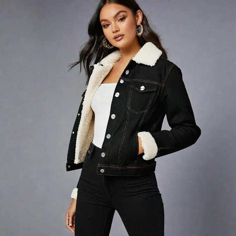 Black Denim Jacket with Shearling Lining - A black denim jacket with a white faux shearling lining, buttoned front, two chest flap pockets with button closures, and long sleeves with button cuffs. - AI image generated with Photorealistic