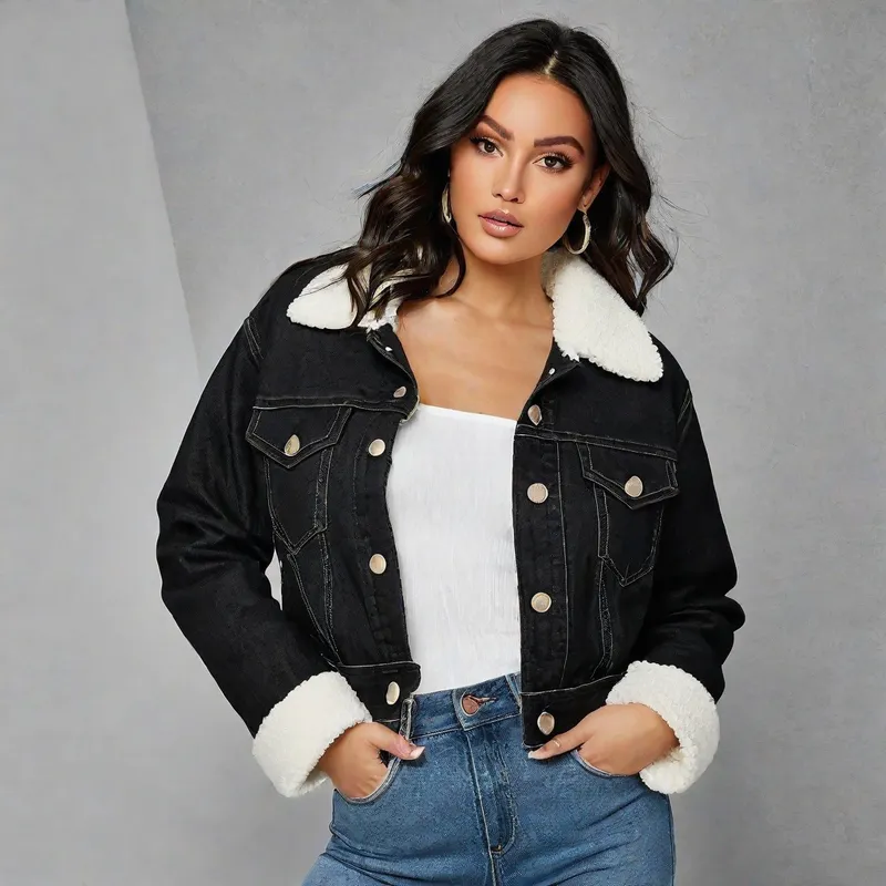 Black Denim Jacket with Shearling Lining - A black denim jacket with a white faux shearling lining, buttoned front, two chest flap pockets with button closures, and long sleeves with button cuffs. - AI image generated with Photorealistic