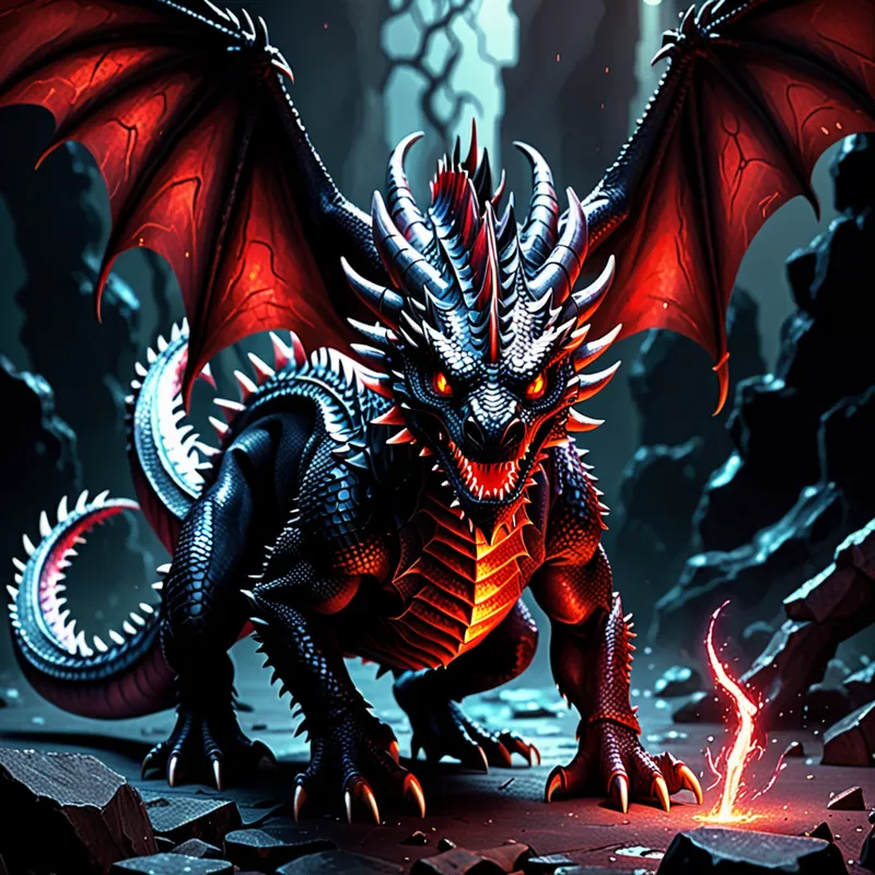 Black Dragon with Glowing Red Eyes - a ferocious dragon with glittering horns and violent spikes running down from its head to its tail. The dragon is covered in pitch black scales and has eyes of a violent glowing red. These eyes have no pupils, they are just pools of red. - AI image generated with Fictional