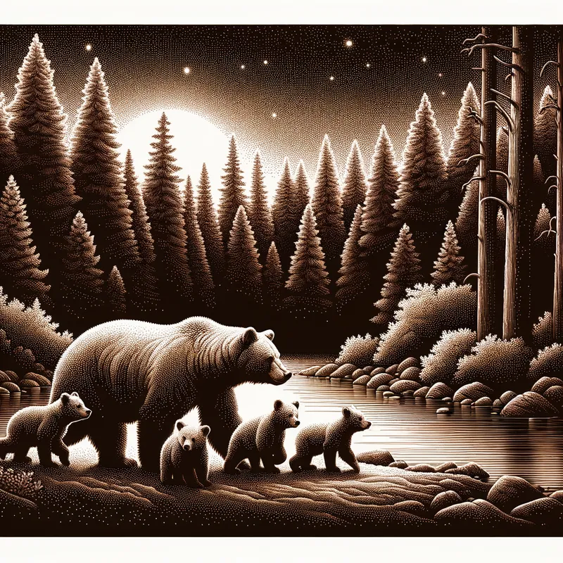 Black Forest Night with Bear Family - An artistic representation of a mother bear and her cubs in a dark forest, with their forms highlighted in white. They stand near a river, illuminated only by the natural luminescence of the moon, with dense trees in the background. - AI image generated with Art - stippling drawing, minimalist line art, sepia tone