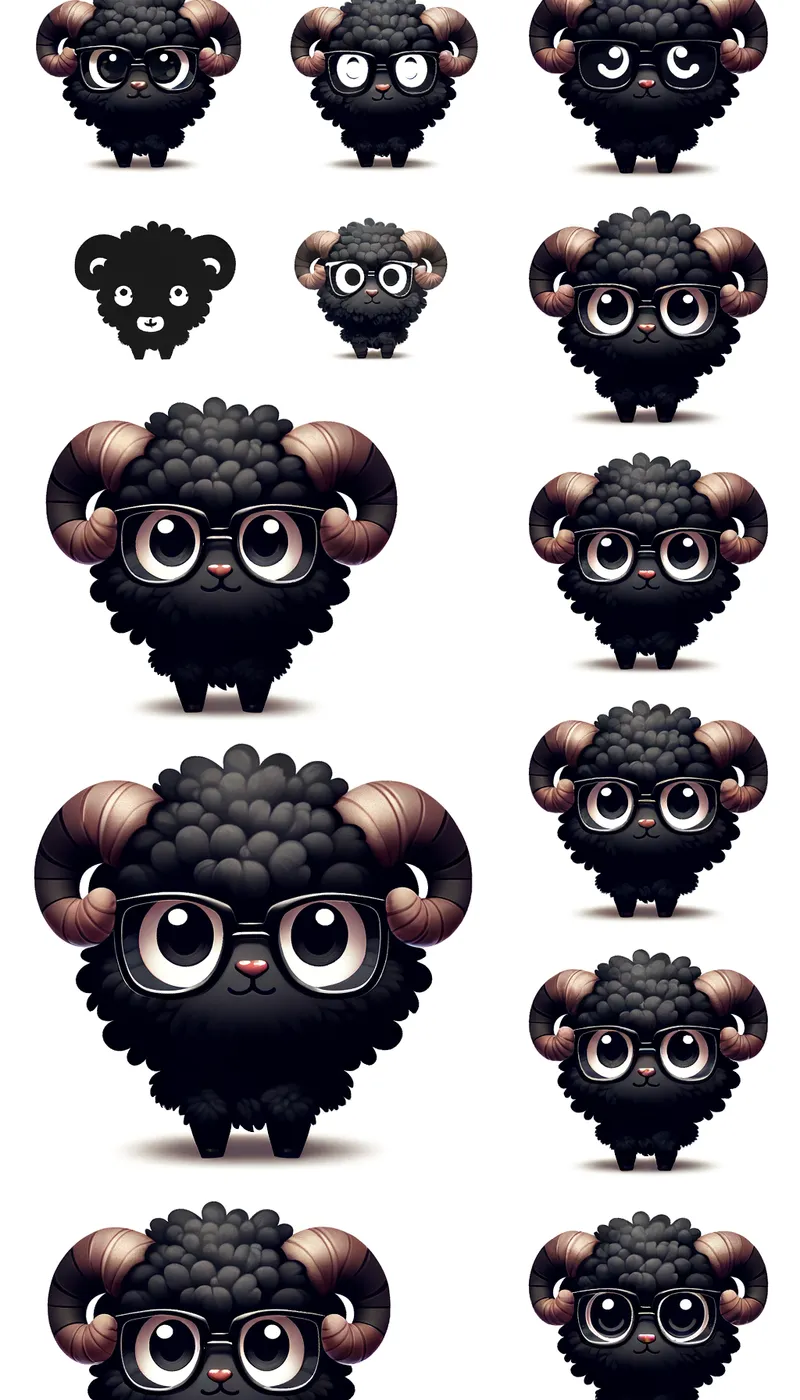 Black Ram with Glasses - Expressive Poses - A collection of images showing a cute fluffy black ram with glasses in different poses, from various angles, and with different facial expressions. - AI image generated with Art - cartoony, photorealistic