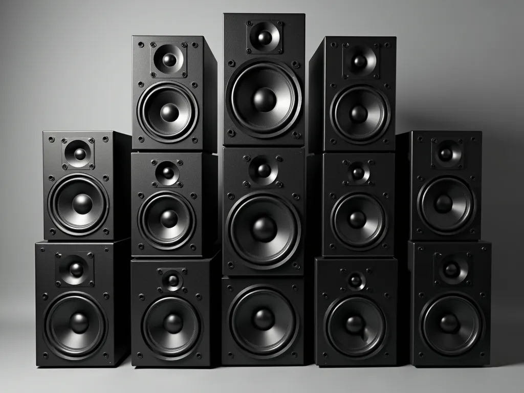 Black Speaker Stack Panorama - a front on view of a large stack of black speakers - AI image generated with Photorealistic 2