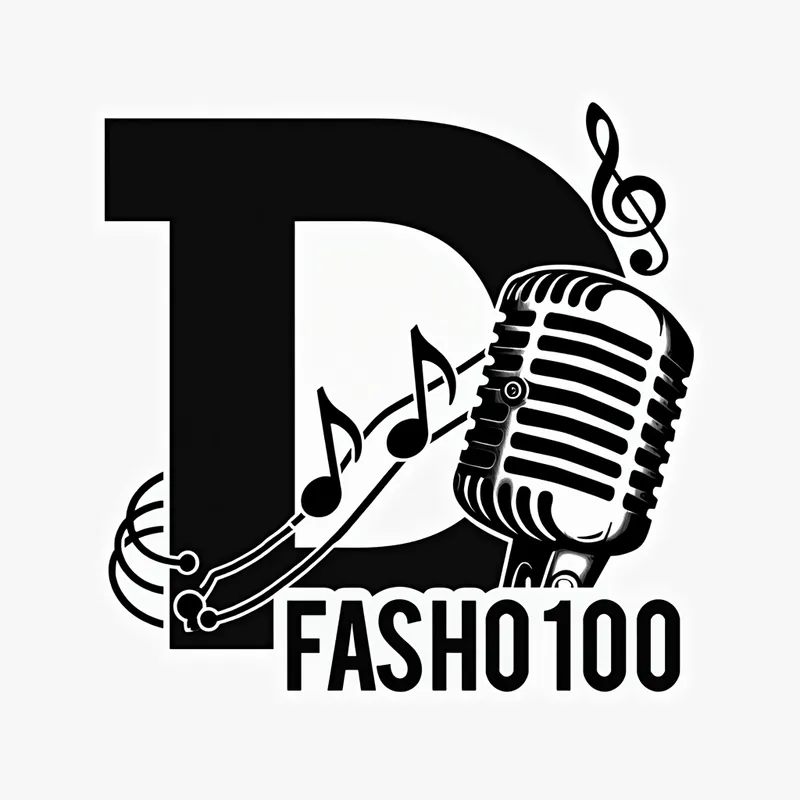 Black and White Music Logo - Create a black and white music logo with the letter 'D' as the main portion of the background and the wording 'FASHO 100' as the business name. Include music notes and a microphone. - AI image generated with Text