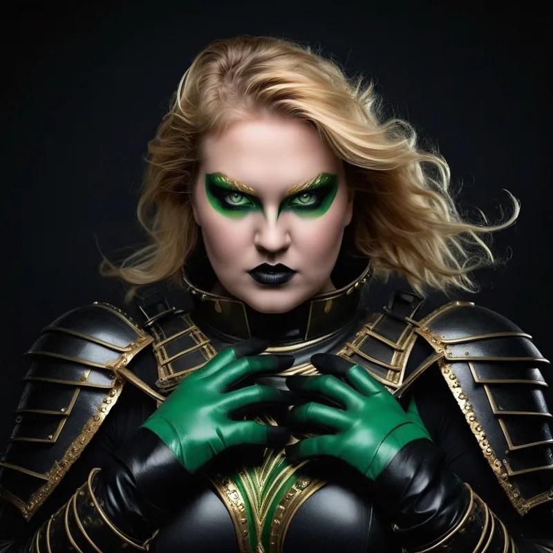 Blade, Beauty, and Wolves - A commanding plus-size woman warrior is centered against a solid black background, radiating confidence and strength. Shoulder-length luminous golden blonde hair cascades around her shoulders, framing icy green eyes enhanced with dramatic green makeup. Her attire is a dark gothic fusion of black leather, metallic textures, and elegant armor-like details. She wears long black leather gloves that extend above the elbows. In both hands she wields a grand ornate sword with a finely detailed hilt, gleaming softly. On either side stand two magnificent grey wolves, their fur subtly shimmering. The image evokes powerful dark fantasy and modern gothic style, cinematic, atmospheric, high detail. - AI image generated with Photorealistic