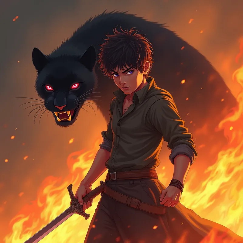 Blade in the Flames - A fearless young man with short, wild dark brown hair and intense purple eyes stands surrounded by roaring fire, undaunted as he draws a shining blade. Emerging from the swirling flames behind him is a menacing black panther with glowing red eyes, its silhouette powerful and haunting. - AI image generated with Photorealistic 2 - over-the-shoulder