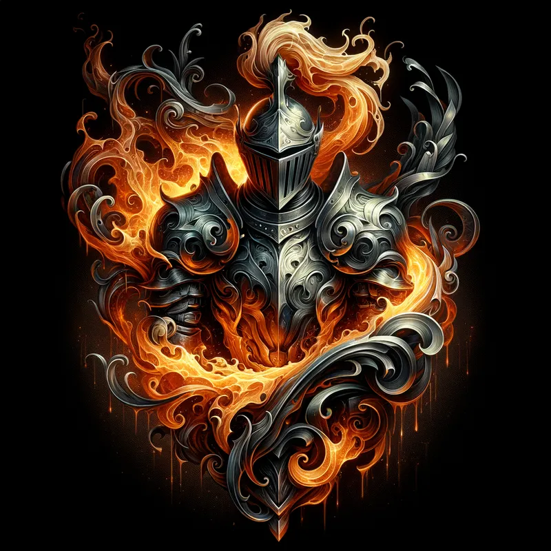 Blazing Knight - A knight in magnificent armor, combining elements of both molten fire and hardened steel, with flames licking around the edges and smoke rising. - AI image generated with Art - fantasy art