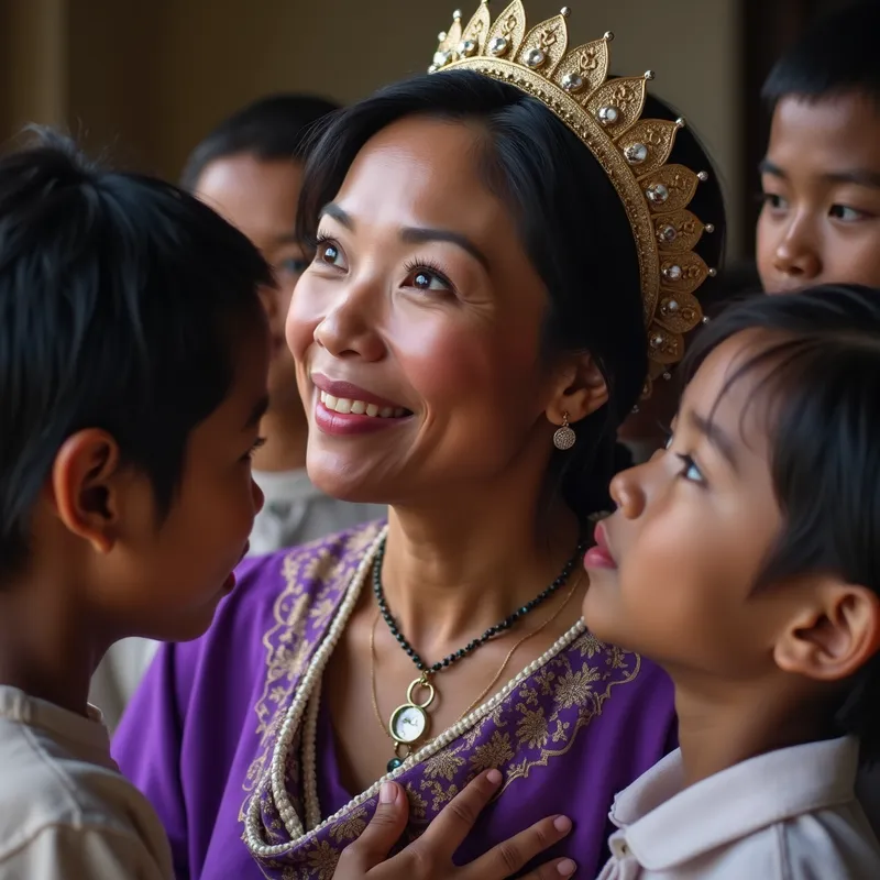 Blessed by Her Children - A Filipina woman of noble character, adorned in fine linen and purple, surrounded by her children who rise up and call her blessed. The scene exudes love, respect, and familial harmony. - AI image generated with Photorealistic 2 - photorealistic, close-up macro photograph, surrealismus