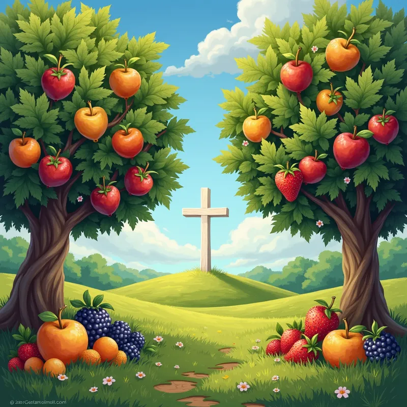 Blessings and the Cross - A peaceful countryside scene where fruit trees are laden with colorful fruits. The inscription of the spirit's qualities on each fruit is highlighted. A white cross stands tall in the background, symbolizing the Christian faith. - AI image generated with Photorealistic 2