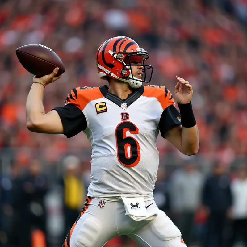 Blindfolded Courage - Cincinnati Bengals' #6 quarterback, blindfolded, in mid-throw. Emphasis on the athlete’s determination and the roaring crowd in the background, symbolizing courage and skill. - AI image generated with Photorealistic 2