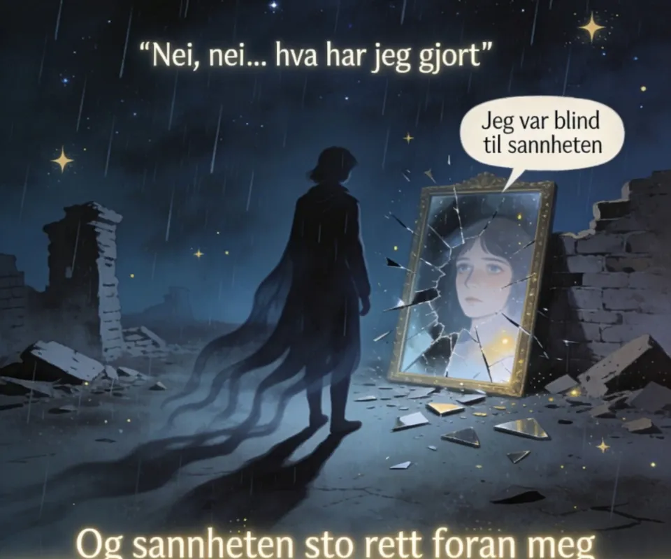 Blind for the Truth - Vers 1
Nei, nei… hva har jeg gjort
Jeg hører ekkoet i natten
Som en skygge som følger hvert steg
Og minner meg på alt jeg har tatt med meg
Jeg trodde jeg så klart, men alt var tåke
Jeg løp fra meg selv, men sannheten lå i låse
Og nå står jeg her, alene i mitt eget speil
Ser et ansikt jeg kjenner, men et blikk som er feil
Refreng
Nei, nei, hva har jeg gjort
Jeg er blind til sannheten, fanget i mitt eget ord
Nei, nei, jeg roper i stormen
Men vinden bærer stemmen min bort
Jeg var blind, jeg var stum, jeg var tom
Og sannheten sto rett foran meg
Nei, nei… hva har jeg gjort
Jeg var blind til sannheten
Vers 2
Jeg bygde tårn av løfter
Som falt som sand i regnet
Jeg trodde jeg kunne skjule
Alt jeg ikke ville kjenne
Men hjertet lyver aldri
Det banker hardt når noe mangler
Og jeg kjente det i brystet
Som en stille, brennende anger
Pre-chorus
Jeg prøvde å løpe fra skyggen min
Men den løp alltid litt fortere
Jeg prøvde å glemme hvem jeg var
Men minnene ble bare sterkere
Refreng
Nei, nei, hva har jeg gjort
Jeg er blind til sannheten, fanget i mitt eget ord
Nei, nei, jeg roper i stormen
Men vinden bærer stemmen min bort
Jeg var blind, jeg var stum, jeg var tom
Og sannheten sto rett foran meg
Nei, nei… hva har jeg gjort
Jeg var blind til sannheten
Bro
Og jeg faller, faller, faller
Gjennom alt jeg trodde jeg var
Ser fragmenter av sannhet
Som stjerner i et mørkt hav
Jeg strekker hånden ut
Men lyset brenner meg
For sannheten er skarp
Når man har levd i skygger lenge
Vers 3
Men kanskje finnes det håp
I det som gjør mest vondt
For når alt er revet ned
Kan noe nytt bli bygd på grunn
Jeg ser en glimt av klarhet
I ruinen av mitt sinn
Kanskje sannheten ikke dømmer
Kanskje den bare vil inn
Siste refreng
Nei, nei, hva har jeg gjort
Jeg var blind til sannheten, men nå ser jeg litt mer klart
Nei, nei, jeg ropte i stormen
Men nå står jeg stille og lar vinden ta tak
Jeg var blind, jeg var stum, jeg var tom
Men sannheten var aldri min fiende
Nei, nei… hva har jeg gjort
Jeg var blind til sannheten
 - AI video generated with Lite