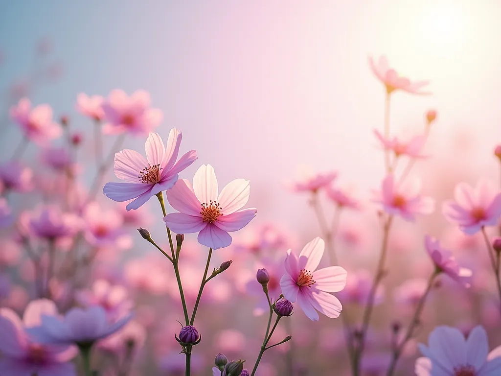 Blissful Blooms - A serene desktop background featuring a variety of beautiful flowers in full bloom, with soft pastel hues against a gentle sky. - AI image generated with Photorealistic 2