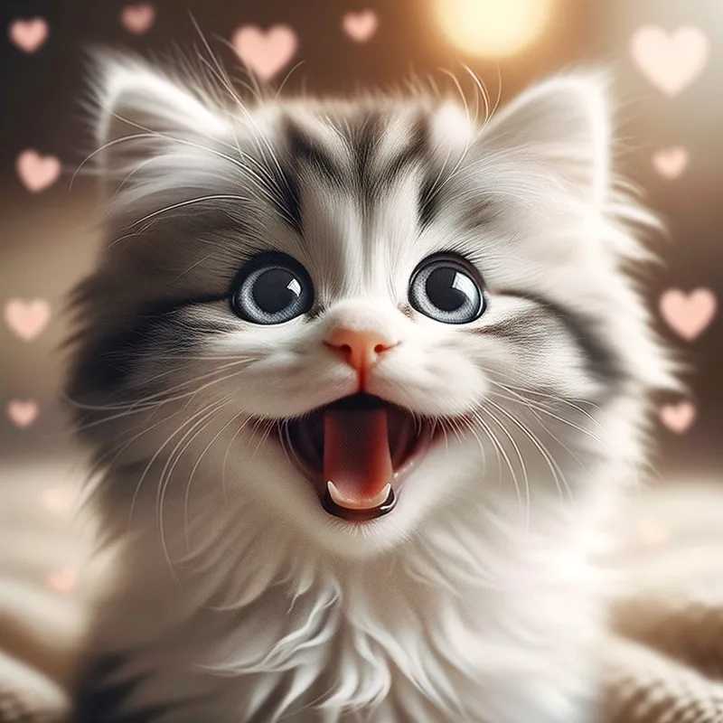 Blissful Playful Kitty - A blissful scene showcasing a playful kitten, its expressive eyes full of excitement and a wide open mouth displaying a joyful smile. - AI image generated with Art