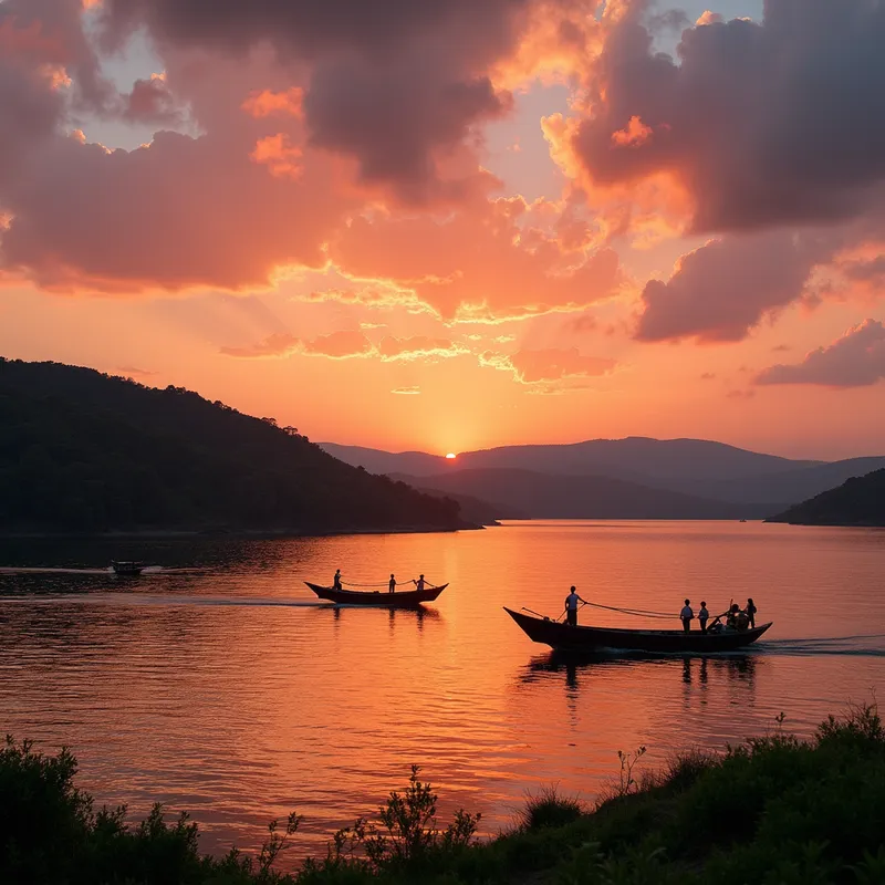 Blissful Sunset Over Lake Malawi - Behold a mesmerizing sunset over Lake Malawi, where the sky is ablaze with orange and pink hues. The serene waters reflect these colors beautifully, while traditional fishing boats float gently. In the distance, lush greenery and rolling hills encapsulate the serene and picturesque beauty of Malawi's landscape. - AI image generated with Text