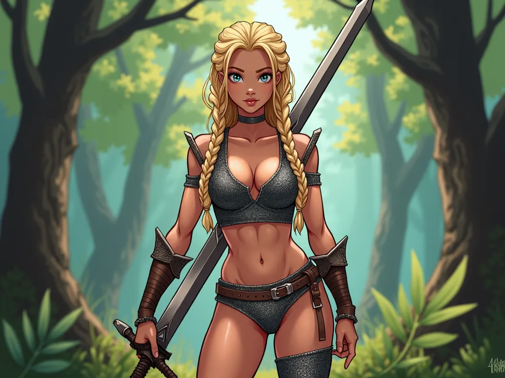 Blond Warrior's Sparkling Stance - A 19-year-old girl with a muscular yet graceful build, small breasts, wearing a sparkling chain mail tank top and matching panties. Her long blond braids add to her fierce look as she stands with confidence, holding a long sword in a forest. - AI image generated with Photorealistic 2 - dynamic pose, cartoony, fantasy art