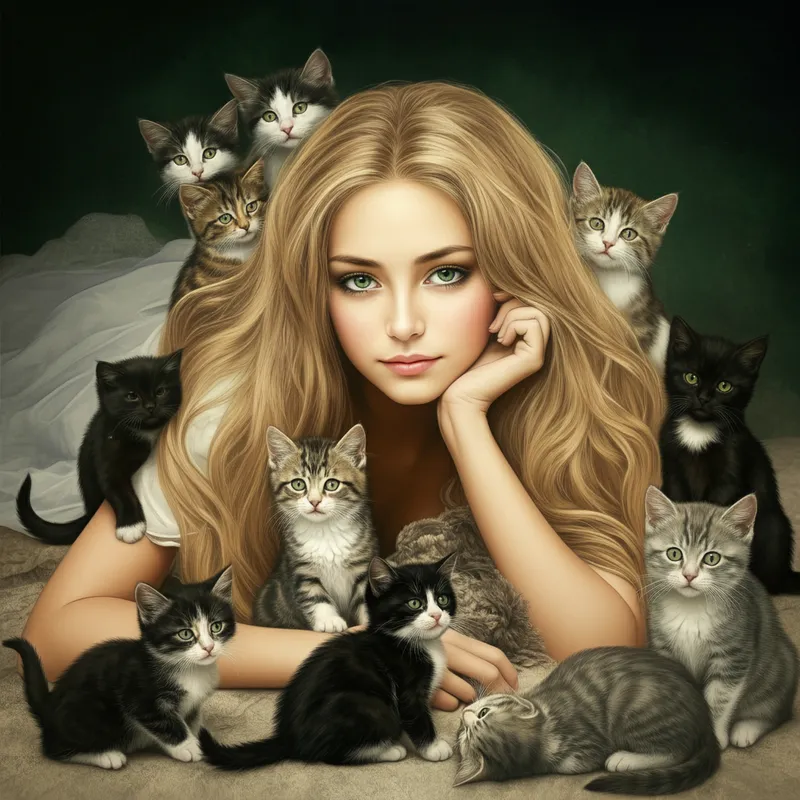 Blonde Beauty Among Kittens - young woman with flowing blonde hair beautiful face and deep green eyes. surrounded by 12 black, tabby, grey, and calico colored kittens. the woman laying on her stomach with her head resting in one hand, the other hand petting a kitten. - AI image generated with Imagen 3 - Luis Royo, vivid colors, photorealistic