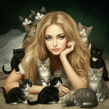 Blonde Beauty Among Kittens