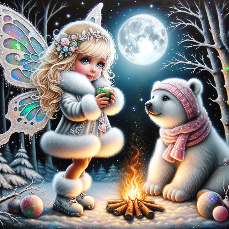 Blonde Fairy's Winter Wonderland - An enchanting airbrushed acrylic artwork showcasing a little blonde fairy wearing a white coat and boots, with fluffy white lace wings. Next to her is a baby polar bear in pink accessories. They enjoy the warmth of a fire on a snowy forest night with the full moon illuminating the scene, accented with magical sparkles and iridescent glitter. - AI image generated with Art