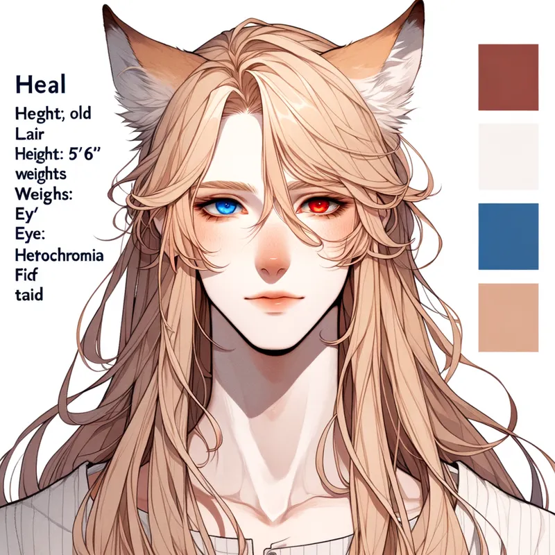 Blonde Femboy with Heterochromia - A young 18-year-old male with long, flowing blonde hair and distinct heterochromia—his left eye is blue, and his right eye is red. He stands at 5'6" and weighs 110 lbs. He has normal white skin. He has a delicate, femboy appearance and features unique fox ears and a fox tail. - AI image generated with Art