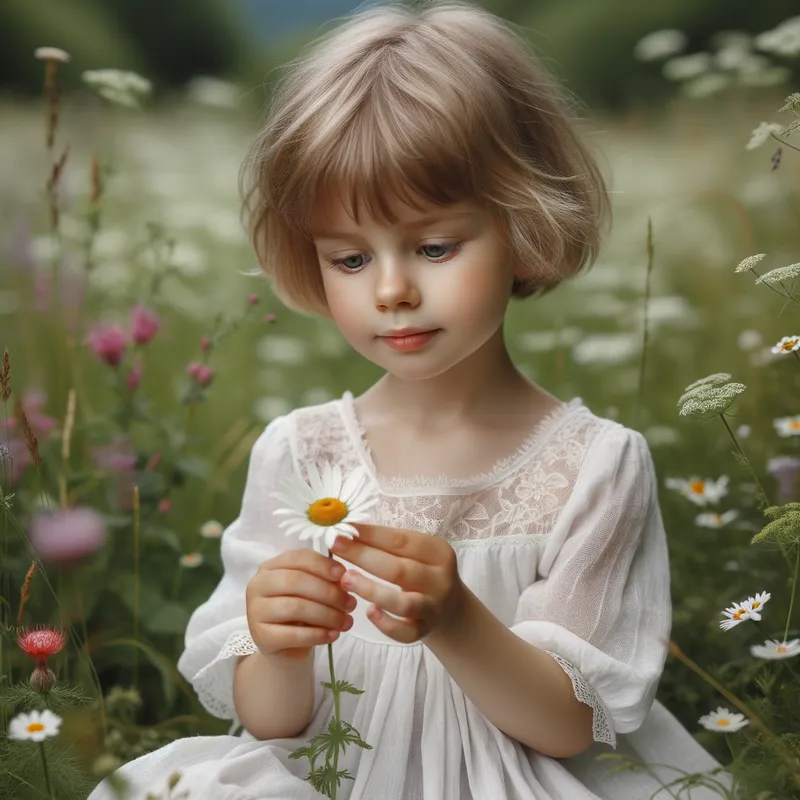 Blonde Innocence - A young girl with short blonde hair, wearing a white dress and sitting in a meadow filled with wildflowers. She is holding a single flower and looking at it with curiosity and wonder. - AI image generated with Art