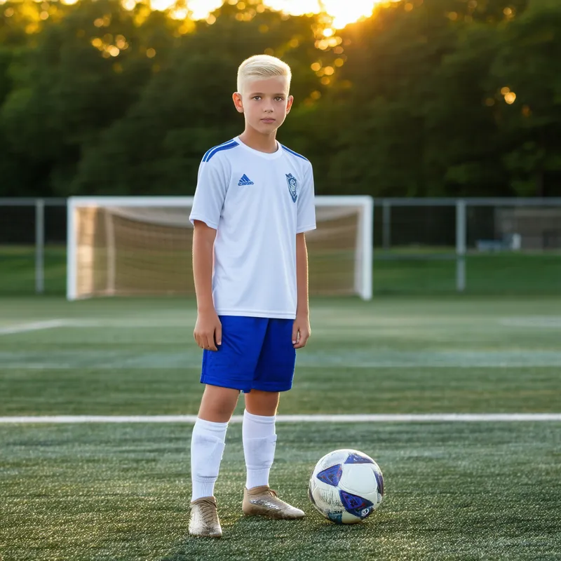 Blonde Soccer Prodigy - A tall, slim 13-year-old blonde boy with blue eyes and a "crew cut" stands on a soccer field. He wears a white and blue soccer jersey and shorts, with dusty cleats. The late afternoon sun lights his face as he looks to the side, relaxed and confident, with a small goal and trees in the background.