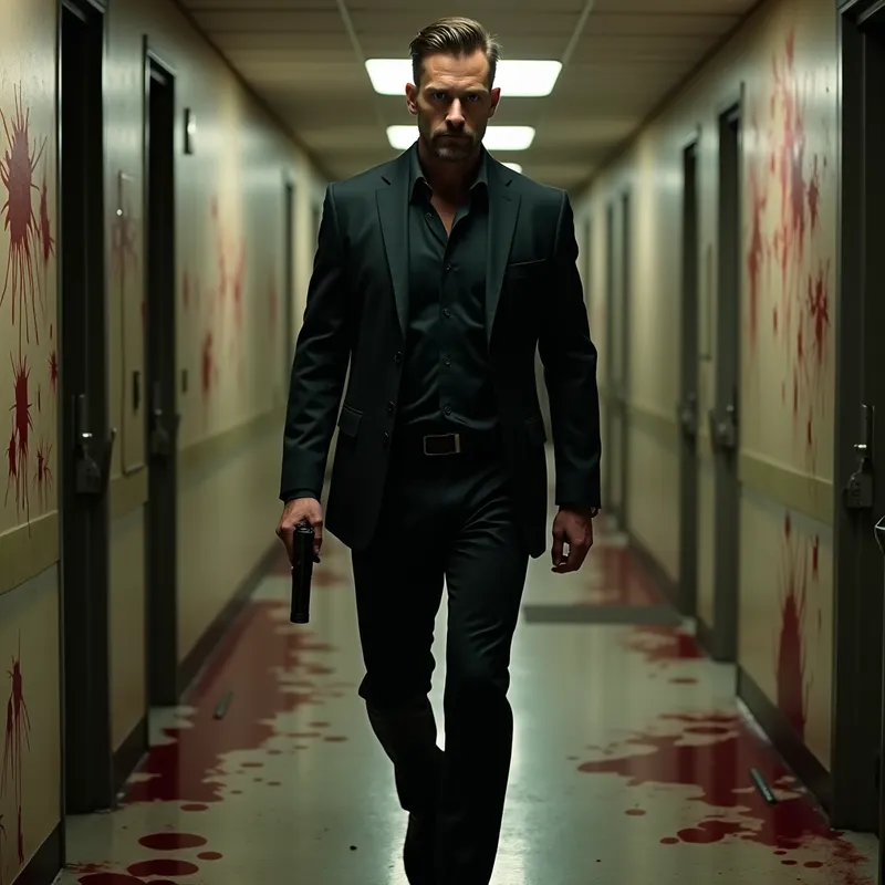 Bloody Corridor Encounter - A rugged man in his 30's, with determined eyes and a grim expression, walks through a dimly lit corridor filled with blood splatters on the walls. He carries two pistols, one in each hand, and wears a sharply tailored black suit. - AI image generated with Photorealistic 2