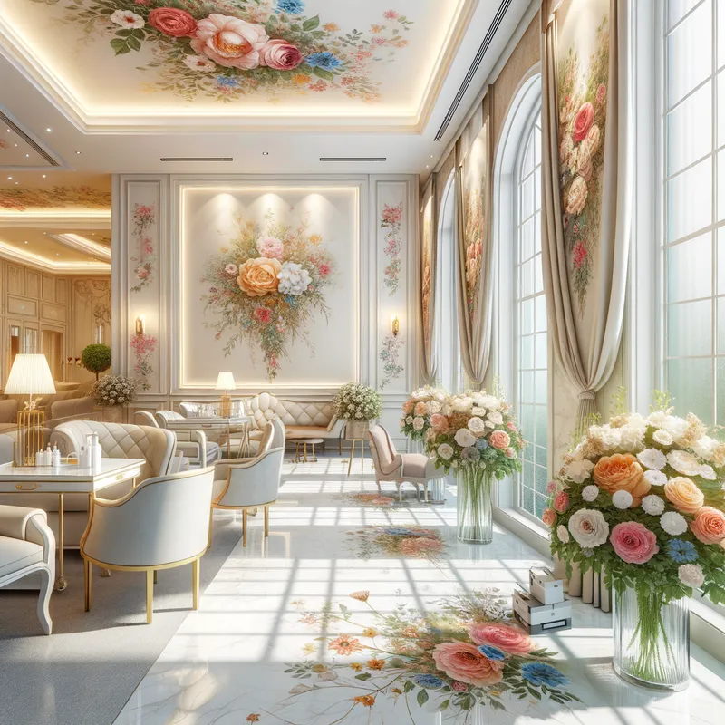 Bloom Aesthetic Institute - A sophisticated aesthetic institute characterized by its floral decor. Large windows let in natural light, illuminating the flower-themed artwork and fresh flower installations throughout the clinic, creating a bright and welcoming environment. - AI image generated with Art