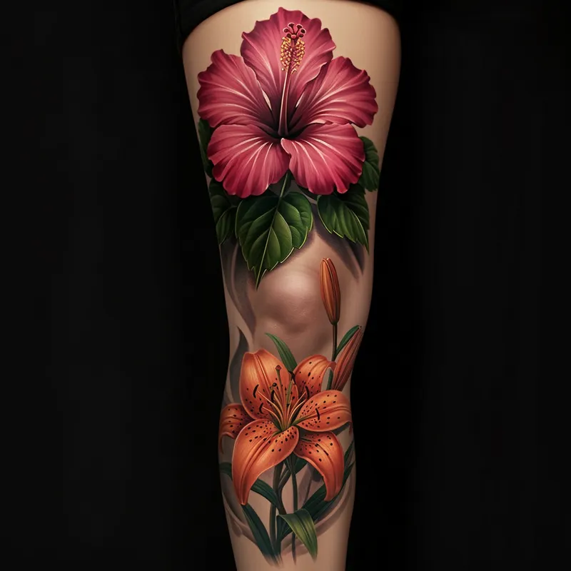 Blooming Duo - A vivid depiction of a hibiscus flower tattoo above the knee, artistically paired with a striking tiger lily tattoo below the knee, both flowers portrayed in their full blossoming glory. - AI image generated with Imagen 3 - photorealistic, dark tones, contour drawings
