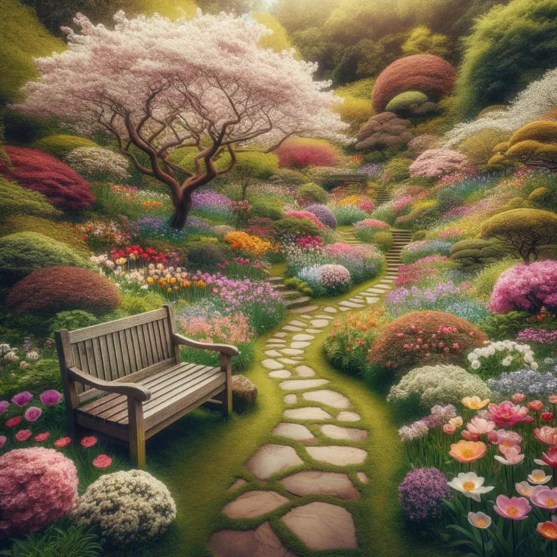 Blooming Garden - A beautiful garden in springtime, filled with a variety of blossoming flowers. A stone path winds through the garden, leading to a quaint wooden bench where one can sit and take in the floral beauty. - AI image generated with Art