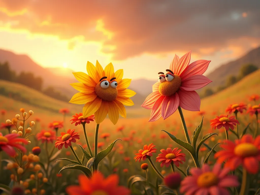 Blossom Conversations - An idyllic field where beautiful flowers with expressive faces chat with each other. The setting includes sunny hills under a striking sky painted in shades of crimson, creating a dreamlike ambiance. - AI image generated with Photorealistic 2 - photorealistic, close-up macro photograph