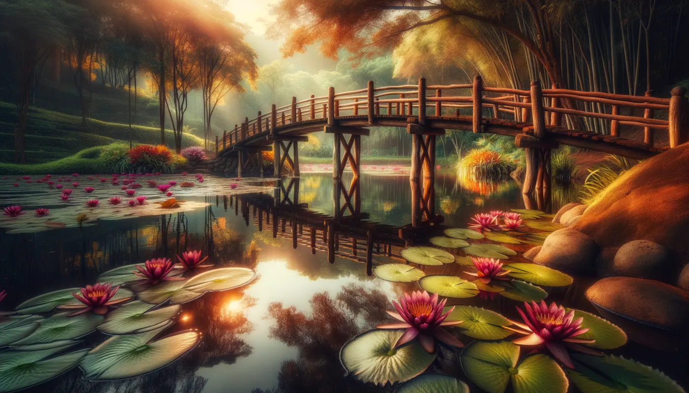 Blossom Lake Crossing - A picturesque scene of a wooden bridge crossing a lake filled with vibrant water lilies, with reflections shimmering on the still water. - AI image generated with Art