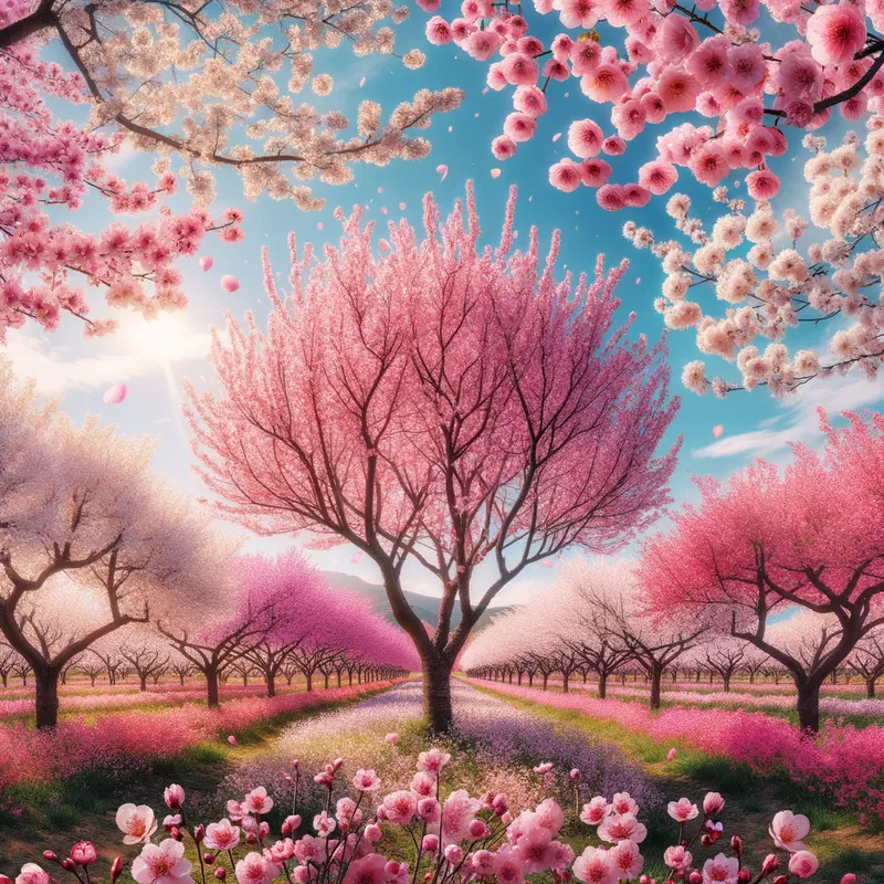 Blossoming Cherry Orchard - A vibrant cherry orchard in full bloom with pink and white blossoms on every tree, a soft breeze creating a gentle shower of petals against a clear spring sky. - AI image generated with Art