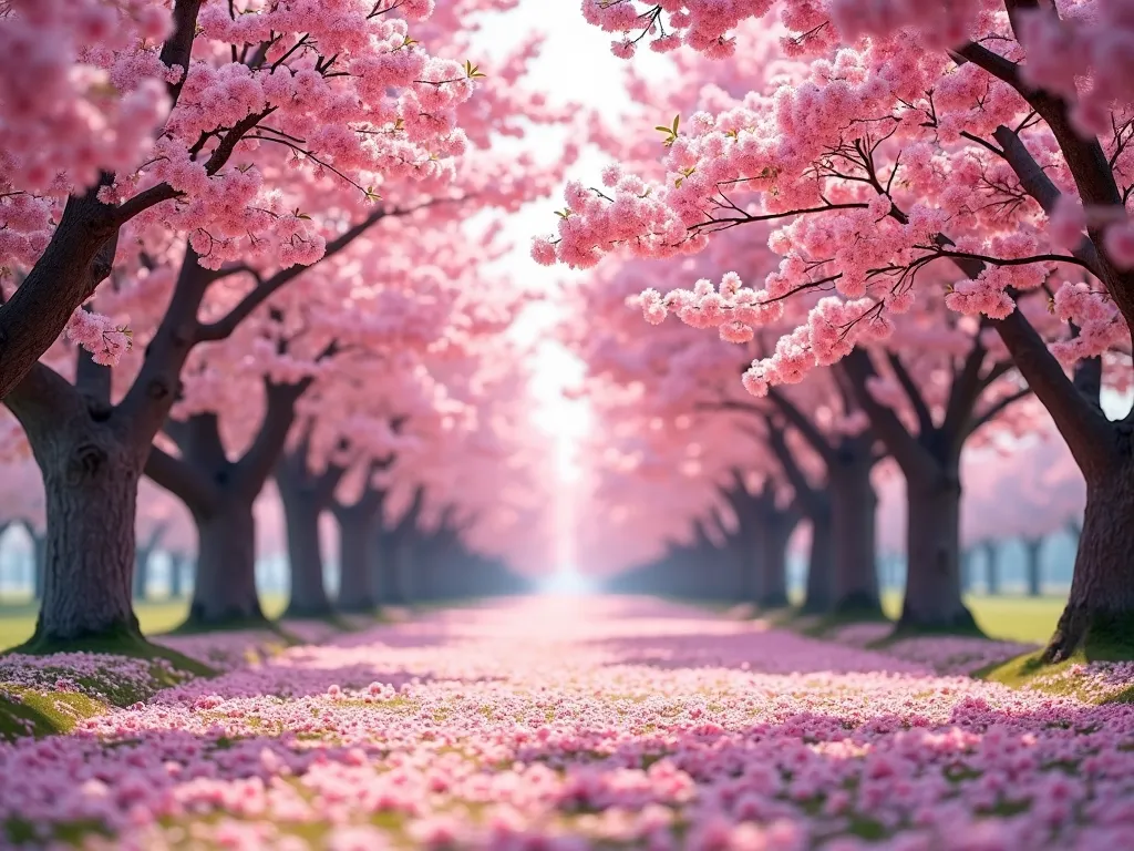 Blossoming Cherry Orchard - A breathtaking orchard filled with cherry blossom trees in full bloom, with petals gently falling and a carpet of vibrant pink flowers on the ground. Perfect for a Zoom background that radiates elegance and tranquility. - AI image generated with Photorealistic 2