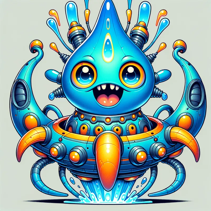 Blue Alien's Spaceship Adventure - Detailed line art illustration A cartoonish, bright blue alien creature, positioned centrally in the image. The creature has a bulbous, teardrop shape body, and three large, expressive, light-blue eyes. A curved, orange tube-like appendage extends from its head with water spraying from the top. It is wearing a gothic collar with enormous metal spikes sticking out of it. The creature has a cheerful, grinning expression, with visible, cartoonish teeth. Its arms, also orange, are outstretched in a welcoming gesture. The creature is sitting in a brightly coloured spaceship with metal spokes sticking out from the sides. The background is a plain, light gray. The style is vibrant, playful, and exaggerated, with bold outlines and bright colors. The lighting is even, casting no significant shadows. The creature's pose is friendly and inviting. The overall impression is of a friendly, cartoon alien character. - AI image generated with Art