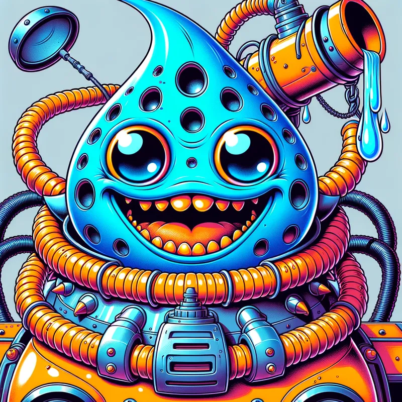 Blue Alien's Spaceship Adventure - Detailed line art illustration A cartoonish, bright blue alien creature, positioned centrally in the image. The creature has a bulbous, teardrop shape body, and three large, expressive, light-blue eyes. A curved, orange tube-like appendage extends from its head with water spraying from the top. It is wearing a gothic collar with enormous metal spikes sticking out of it. The creature has a cheerful, grinning expression, with visible, cartoonish teeth. Its arms, also orange, are outstretched in a welcoming gesture. The creature is sitting in a brightly coloured spaceship with metal spokes sticking out from the sides. The background is a plain, light gray. The style is vibrant, playful, and exaggerated, with bold outlines and bright colors. The lighting is even, casting no significant shadows. The creature's pose is friendly and inviting. The overall impression is of a friendly, cartoon alien character. - AI image generated with Art