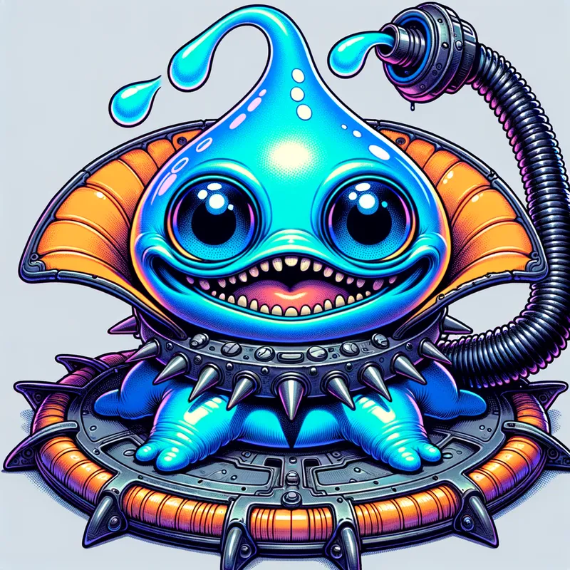 Blue Alien's Spaceship Adventure - Detailed line art illustration A cartoonish, bright blue alien creature, positioned centrally in the image. The creature has a bulbous, teardrop shape body, and three large, expressive, light-blue eyes. A curved, orange tube-like appendage extends from its head with water spraying from the top. It is wearing a gothic collar with enormous metal spikes sticking out of it. The creature has a cheerful, grinning expression, with visible, cartoonish teeth. Its arms, also orange, are outstretched in a welcoming gesture. The creature is sitting in a brightly coloured spaceship with metal spokes sticking out from the sides. The background is a plain, light gray. The style is vibrant, playful, and exaggerated, with bold outlines and bright colors. The lighting is even, casting no significant shadows. The creature's pose is friendly and inviting. The overall impression is of a friendly, cartoon alien character. - AI image generated with Art
