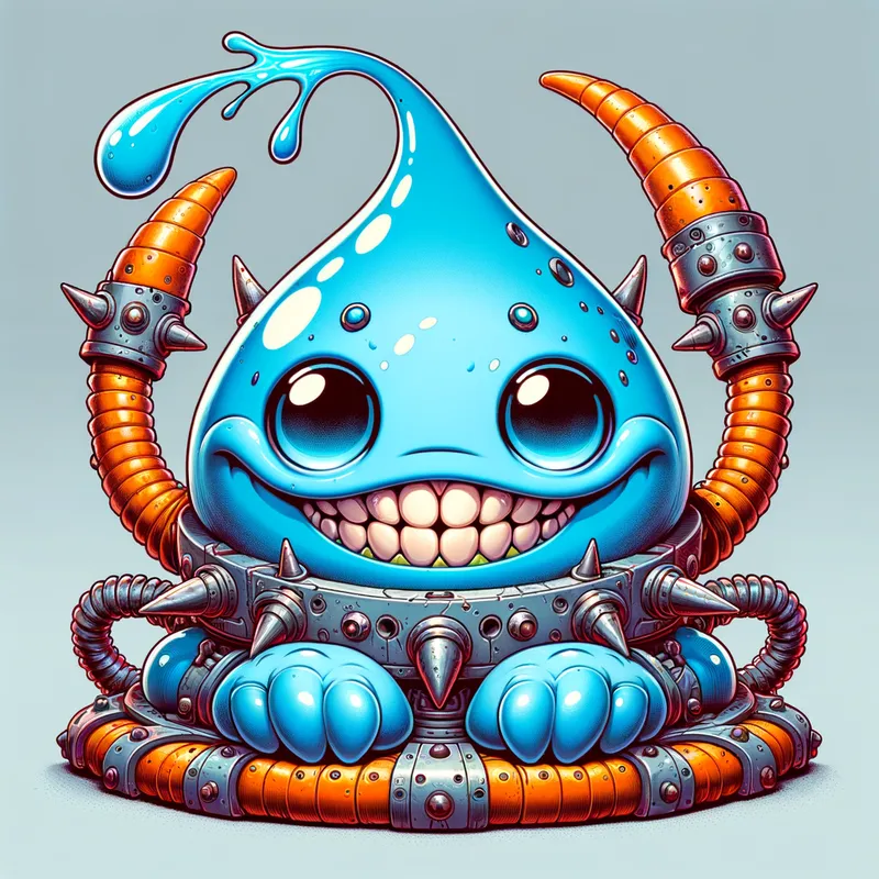Blue Alien's Spaceship Adventure - Detailed line art illustration A cartoonish, bright blue alien creature, positioned centrally in the image. The creature has a bulbous, teardrop shape body, and three large, expressive, light-blue eyes. A curved, orange tube-like appendage extends from its head with water spraying from the top. It is wearing a gothic collar with enormous metal spikes sticking out of it. The creature has a cheerful, grinning expression, with visible, cartoonish teeth. Its arms, also orange, are outstretched in a welcoming gesture. The creature is sitting in a brightly coloured spaceship with metal spokes sticking out from the sides. The background is a plain, light gray. The style is vibrant, playful, and exaggerated, with bold outlines and bright colors. The lighting is even, casting no significant shadows. The creature's pose is friendly and inviting. The overall impression is of a friendly, cartoon alien character. - AI image generated with Art