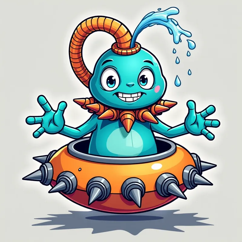 Blue Alien's Spaceship Adventure - Detailed line art illustration A cartoonish, bright blue alien creature, positioned centrally in the image. The creature has a bulbous, teardrop shape body, and three large, expressive, light-blue eyes. A curved, orange tube-like appendage extends from its head with water spraying from the top. It is wearing a gothic collar with enormous metal spikes sticking out of it. The creature has a cheerful, grinning expression, with visible, cartoonish teeth. Its arms, also orange, are outstretched in a welcoming gesture. The creature is sitting in a brightly coloured spaceship with metal spokes sticking out from the sides. The background is a plain, light gray. The style is vibrant, playful, and exaggerated, with bold outlines and bright colors. The lighting is even, casting no significant shadows. The creature's pose is friendly and inviting. The overall impression is of a friendly, cartoon alien character. - AI image generated with Photorealistic 2