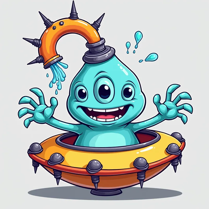 Blue Alien's Spaceship Adventure - Detailed line art illustration A cartoonish, bright blue alien creature, positioned centrally in the image. The creature has a bulbous, teardrop shape body, and three large, expressive, light-blue eyes. A curved, orange tube-like appendage extends from its head with water spraying from the top. It is wearing a gothic collar with enormous metal spikes sticking out of it. The creature has a cheerful, grinning expression, with visible, cartoonish teeth. Its arms, also orange, are outstretched in a welcoming gesture. The creature is sitting in a brightly coloured spaceship with metal spokes sticking out from the sides. The background is a plain, light gray. The style is vibrant, playful, and exaggerated, with bold outlines and bright colors. The lighting is even, casting no significant shadows. The creature's pose is friendly and inviting. The overall impression is of a friendly, cartoon alien character. - AI image generated with Photorealistic 2