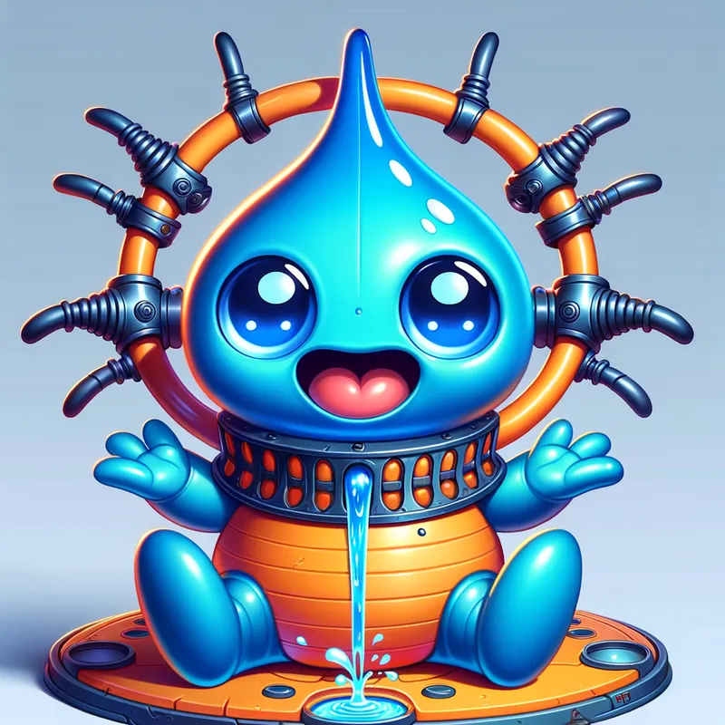 Blue Alien's Spaceship Adventure - Detailed line art illustration A cartoonish, bright blue alien creature, positioned centrally in the image. The creature has a bulbous, teardrop shape body, and three large, expressive, light-blue eyes. A curved, orange tube-like appendage extends from its head with water spraying from the top. It is wearing a gothic collar with enormous metal spikes sticking out of it. The creature has a cheerful, grinning expression, with visible, cartoonish teeth. Its arms, also orange, are outstretched in a welcoming gesture. The creature is sitting in a brightly coloured spaceship with metal spokes sticking out from the sides. The background is a plain, light gray. The style is vibrant, playful, and exaggerated, with bold outlines and bright colors. The lighting is even, casting no significant shadows. The creature's pose is friendly and inviting. The overall impression is of a friendly, cartoon alien character. - AI image generated with Art