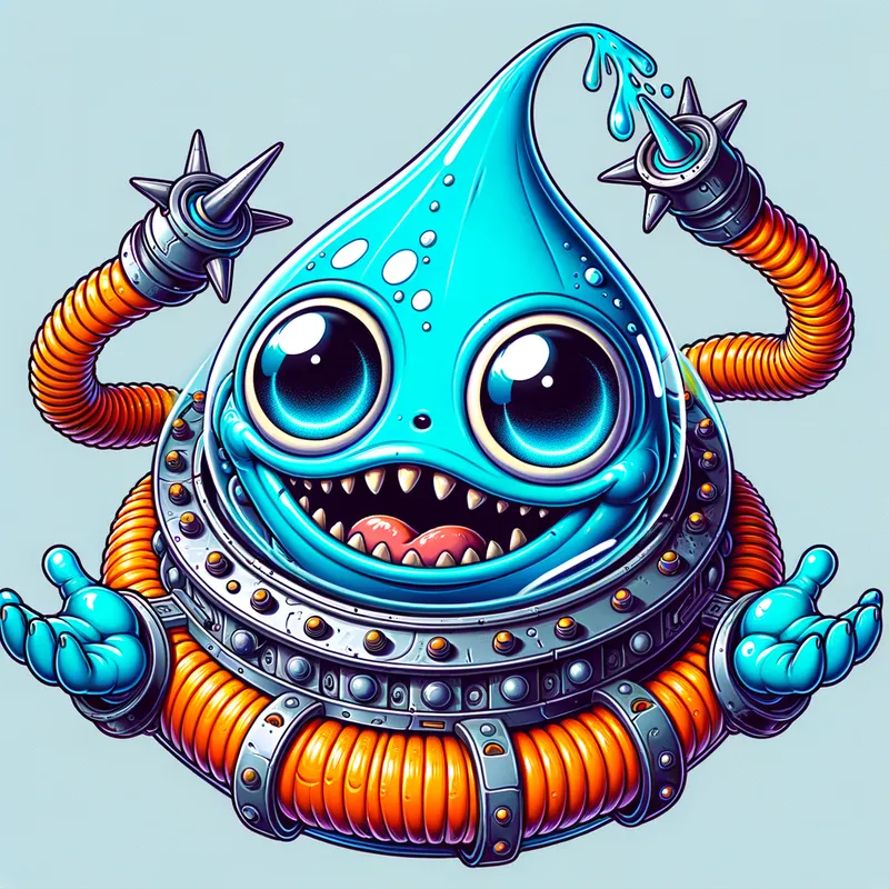 Blue Alien's Spaceship Adventure - Detailed line art illustration A cartoonish, bright blue alien creature, positioned centrally in the image. The creature has a bulbous, teardrop shape body, and three large, expressive, light-blue eyes. A curved, orange tube-like appendage extends from its head with water spraying from the top. It is wearing a gothic collar with enormous metal spikes sticking out of it. The creature has a cheerful, grinning expression, with visible, cartoonish teeth. Its arms, also orange, are outstretched in a welcoming gesture. The creature is sitting in a brightly coloured spaceship with metal spokes sticking out from the sides. The background is a plain, light gray. The style is vibrant, playful, and exaggerated, with bold outlines and bright colors. The lighting is even, casting no significant shadows. The creature's pose is friendly and inviting. The overall impression is of a friendly, cartoon alien character. - AI image generated with Art