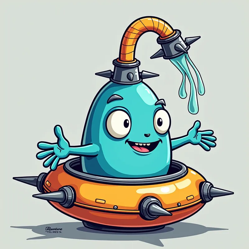 Blue Alien's Spaceship Adventure - Detailed line art illustration A cartoonish, bright blue alien creature, positioned centrally in the image. The creature has a bulbous, teardrop shape body, and three large, expressive, light-blue eyes. A curved, orange tube-like appendage extends from its head with water spraying from the top. It is wearing a gothic collar with enormous metal spikes sticking out of it. The creature has a cheerful, grinning expression, with visible, cartoonish teeth. Its arms, also orange, are outstretched in a welcoming gesture. The creature is sitting in a brightly coloured spaceship with metal spokes sticking out from the sides. The background is a plain, light gray. The style is vibrant, playful, and exaggerated, with bold outlines and bright colors. The lighting is even, casting no significant shadows. The creature's pose is friendly and inviting. The overall impression is of a friendly, cartoon alien character. - AI image generated with Photorealistic 2