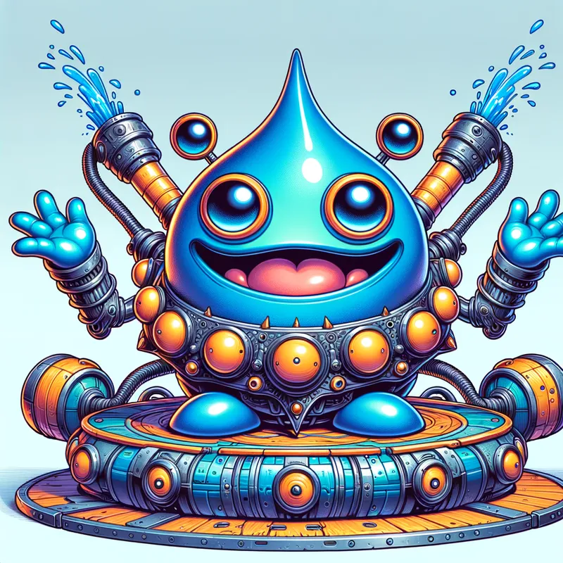 Blue Alien's Spaceship Adventure - Detailed line art illustration A cartoonish, bright blue alien creature, positioned centrally in the image. The creature has a bulbous, teardrop shape body, and three large, expressive, light-blue eyes. A curved, orange tube-like appendage extends from its head with water spraying from the top. It is wearing a gothic collar with enormous metal spikes sticking out of it. The creature has a cheerful, grinning expression, with visible, cartoonish teeth. Its arms, also orange, are outstretched in a welcoming gesture. The creature is sitting in a brightly coloured spaceship with metal spokes sticking out from the sides. The background is a plain, light gray. The style is vibrant, playful, and exaggerated, with bold outlines and bright colors. The lighting is even, casting no significant shadows. The creature's pose is friendly and inviting. The overall impression is of a friendly, cartoon alien character. - AI image generated with Art