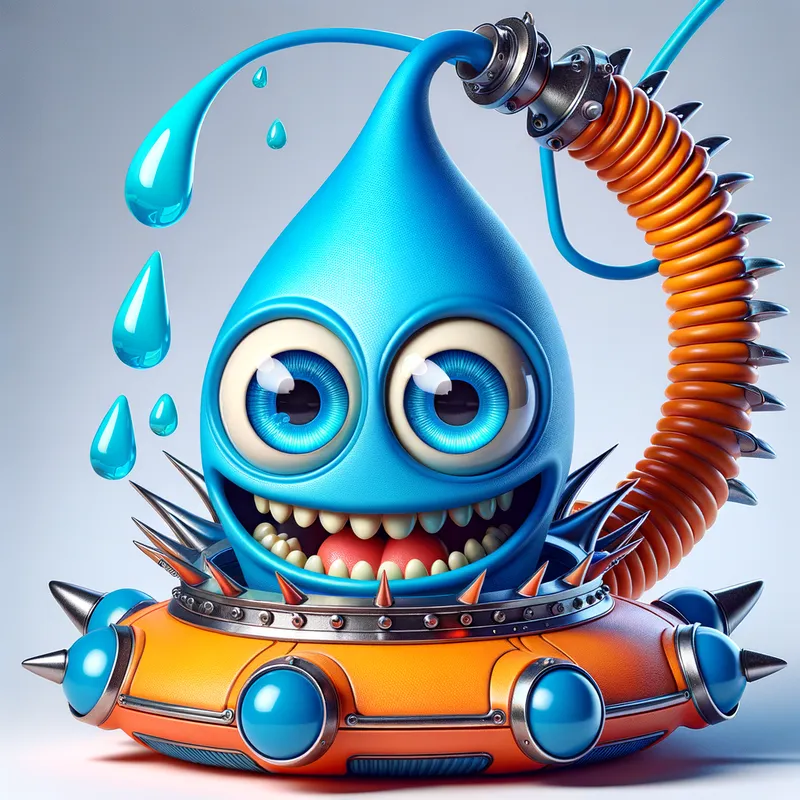 Blue Alien's Spaceship Adventure - Detailed line art illustration A cartoonish, bright blue alien creature, positioned centrally in the image. The creature has a bulbous, teardrop shape body, and three large, expressive, light-blue eyes. A curved, orange tube-like appendage extends from its head with water spraying from the top. It is wearing a gothic collar with enormous metal spikes sticking out of it. The creature has a cheerful, grinning expression, with visible, cartoonish teeth. Its arms, also orange, are outstretched in a welcoming gesture. The creature is sitting in a brightly coloured spaceship with metal spokes sticking out from the sides. The background is a plain, light gray. The style is vibrant, playful, and exaggerated, with bold outlines and bright colors. The lighting is even, casting no significant shadows. The creature's pose is friendly and inviting. The overall impression is of a friendly, cartoon alien character. - AI image generated with Art