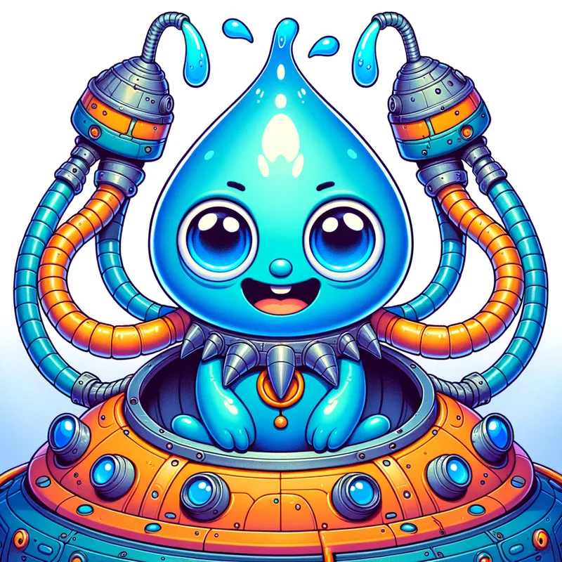 Blue Alien's Spaceship Adventure - Detailed line art illustration A cartoonish, bright blue alien creature, positioned centrally in the image. The creature has a bulbous, teardrop shape body, and three large, expressive, light-blue eyes. A curved, orange tube-like appendage extends from its head with water spraying from the top. It is wearing a gothic collar with enormous metal spikes sticking out of it. The creature has a cheerful, grinning expression, with visible, cartoonish teeth. Its arms, also orange, are outstretched in a welcoming gesture. The creature is sitting in a brightly coloured spaceship with metal spokes sticking out from the sides. The background is a plain, light gray. The style is vibrant, playful, and exaggerated, with bold outlines and bright colors. The lighting is even, casting no significant shadows. The creature's pose is friendly and inviting. The overall impression is of a friendly, cartoon alien character. - AI image generated with Art