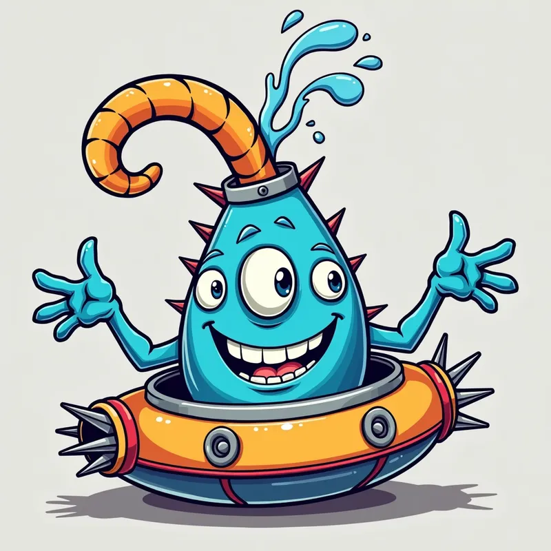Blue Alien's Spaceship Adventure - Detailed line art illustration A cartoonish, bright blue alien creature, positioned centrally in the image. The creature has a bulbous, teardrop shape body, and three large, expressive, light-blue eyes.  A curved, orange fleshy tube-like appendage extends from its head with water spraying from the top. It is wearing a gothic collar with enormous metal spikes sticking out of it. The creature has a cheerful, grinning expression, with visible, cartoonish teeth.  Its arms, also orange, are outstretched in a welcoming gesture. The creature is sitting in a brightly coloured spaceship with metal spokes sticking out from the sides. The background is a plain, light gray. The style is vibrant, playful, and exaggerated, with bold outlines and bright colors. The lighting is even, casting no significant shadows. The creature's pose is friendly and inviting. The overall impression is of a friendly, cartoon alien character. - AI image generated with Photorealistic 2