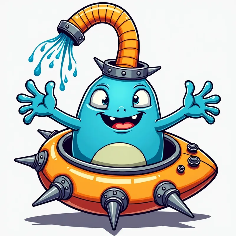 Blue Alien's Spaceship Adventure - Detailed line art illustration A cartoonish, bright blue alien creature, positioned centrally in the image. The creature has a bulbous, teardrop shape body, and three large, expressive, light-blue eyes. A curved, orange tube-like appendage extends from its head with water spraying from the top. It is wearing a gothic collar with enormous metal spikes sticking out of it. The creature has a cheerful, grinning expression, with visible, cartoonish teeth. Its arms, also orange, are outstretched in a welcoming gesture. The creature is sitting in a brightly coloured spaceship with metal spokes sticking out from the sides. The background is a plain, light gray. The style is vibrant, playful, and exaggerated, with bold outlines and bright colors. The lighting is even, casting no significant shadows. The creature's pose is friendly and inviting. The overall impression is of a friendly, cartoon alien character. - AI image generated with Photorealistic 2