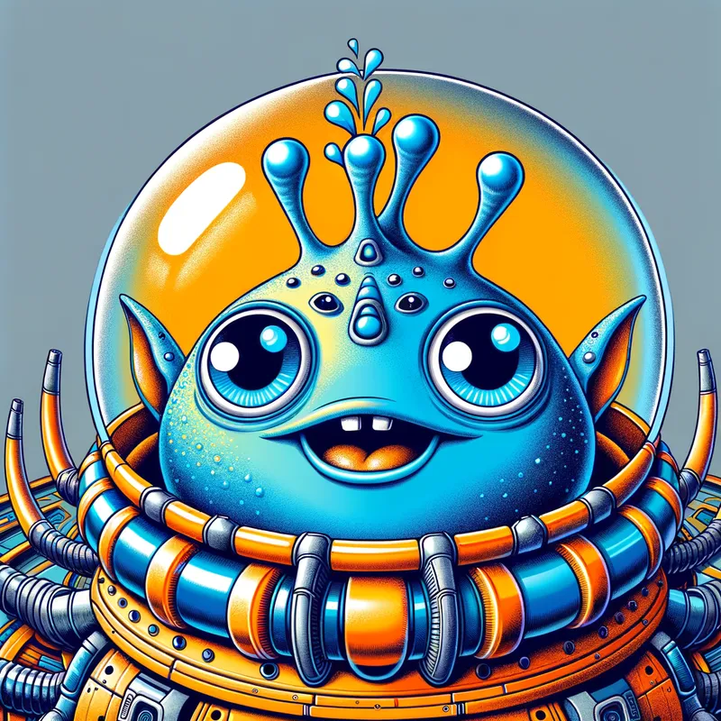 Blue Alien's Spaceship Adventure - Detailed line art illustration A cartoonish, bright blue alien creature, positioned centrally in the image. The creature has a bulbous, teardrop shape body, and three large, expressive, light-blue eyes. A curved, orange tube-like appendage extends from its head with water spraying from the top. It is wearing a gothic collar with enormous metal spikes sticking out of it. The creature has a cheerful, grinning expression, with visible, cartoonish teeth. Its arms, also orange, are outstretched in a welcoming gesture. The creature is sitting in a brightly coloured spaceship with metal spokes sticking out from the sides. The background is a plain, light gray. The style is vibrant, playful, and exaggerated, with bold outlines and bright colors. The lighting is even, casting no significant shadows. The creature's pose is friendly and inviting. The overall impression is of a friendly, cartoon alien character. - AI image generated with Art