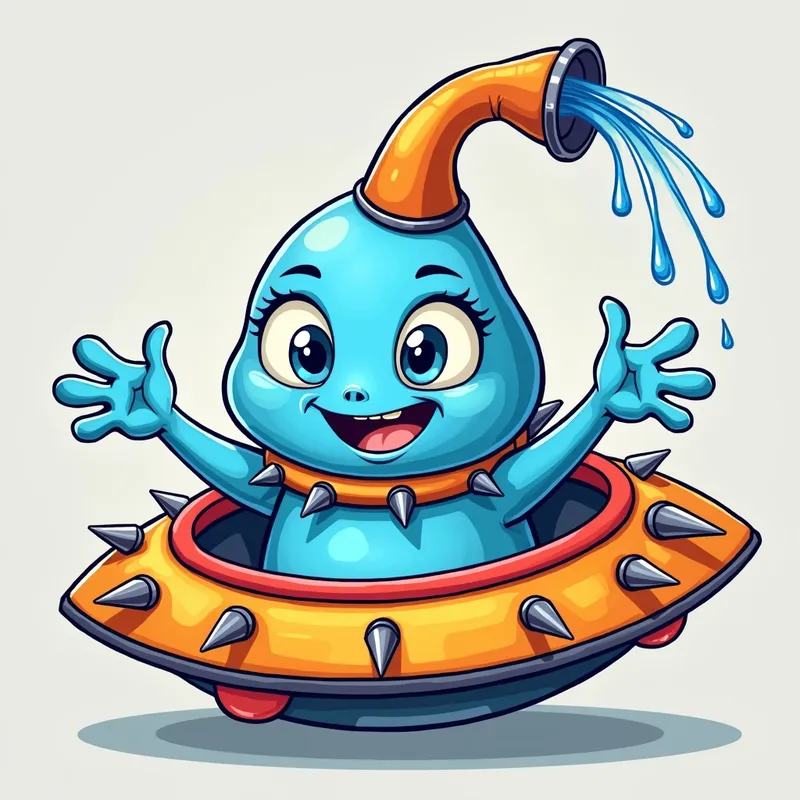 Blue Alien's Spaceship Adventure - Detailed line art illustration A cartoonish, bright blue alien creature, positioned centrally in the image. The creature has a bulbous, teardrop shape body, and three large, expressive, light-blue eyes.  A curved, orange tube-like appendage extends from its head with water spraying from the top. It is wearing a gothic collar with enormous metal spikes sticking out of it. The creature has a cheerful, grinning expression, with visible, cartoonish teeth.  Its arms, also orange, are outstretched in a welcoming gesture. The creature is sitting in a brightly coloured spaceship with metal spokes sticking out from the sides. The background is a plain, light gray. The style is vibrant, playful, and exaggerated, with bold outlines and bright colors. The lighting is even, casting no significant shadows. The creature's pose is friendly and inviting. The overall impression is of a friendly, cartoon alien character. - AI image generated with Photorealistic 2