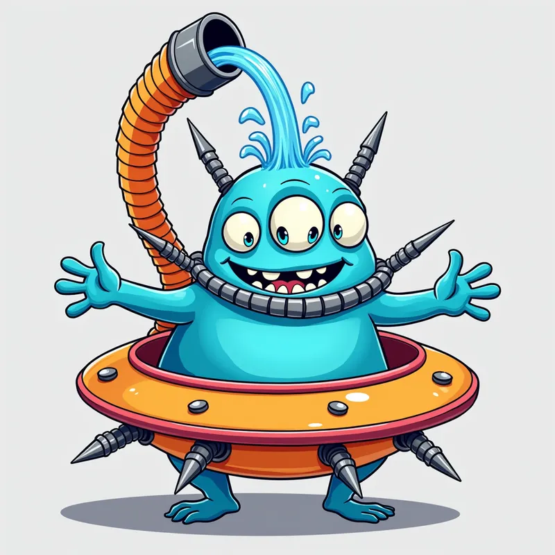 Blue Alien's Spaceship Adventure - Detailed line art illustration A cartoonish, bright blue alien creature, positioned centrally in the image. The creature has a bulbous, teardrop shape body, and three large, expressive, light-blue eyes. A curved, orange tube-like appendage extends from its head with water spraying from the top. It is wearing a gothic collar with enormous metal spikes sticking out of it. The creature has a cheerful, grinning expression, with visible, cartoonish teeth. Its arms, also orange, are outstretched in a welcoming gesture. The creature is sitting in a brightly coloured spaceship with metal spokes sticking out from the sides. The background is a plain, light gray. The style is vibrant, playful, and exaggerated, with bold outlines and bright colors. The lighting is even, casting no significant shadows. The creature's pose is friendly and inviting. The overall impression is of a friendly, cartoon alien character. - AI image generated with Photorealistic 2